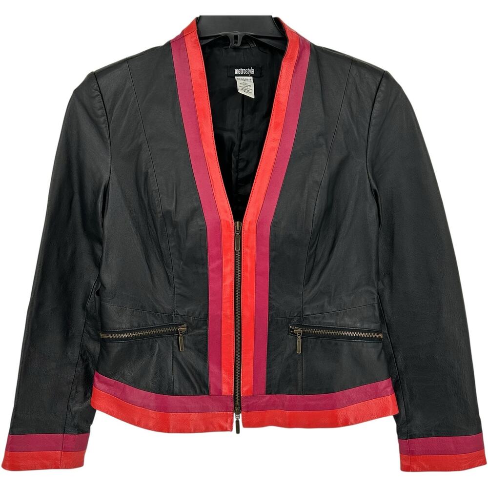 Vintage 80s 90s Women's Black Pink Metrostyle Cropped Leather Jacket Sz Small